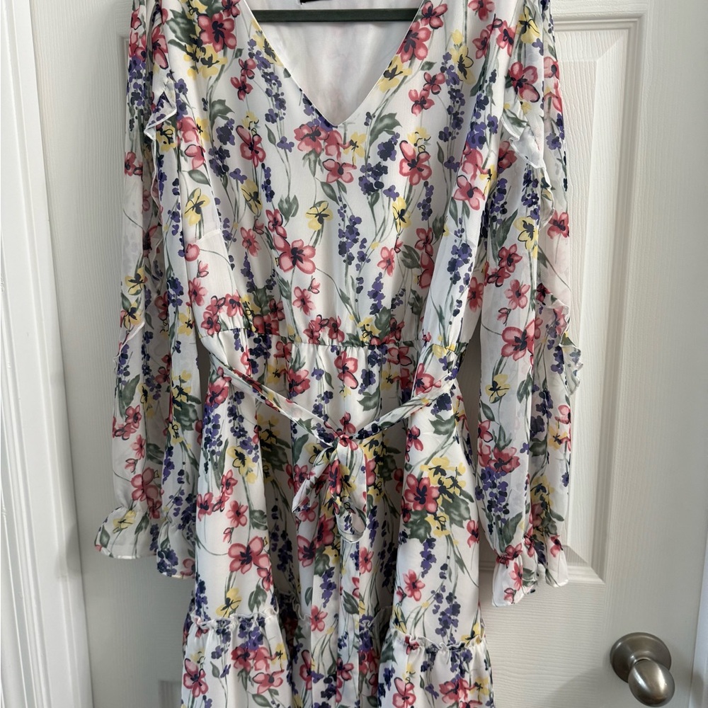 Allegra K Women's Floral Chiffon Ruffle Tie Long Sleeve Belted V-Neck Dress L